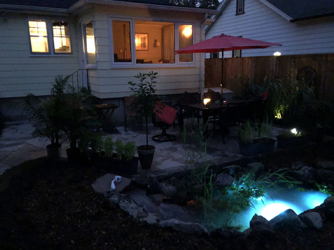 Night view of pond with landscape lighting. Water feature project in London Ontario region by O'Connor Stone & Landscape